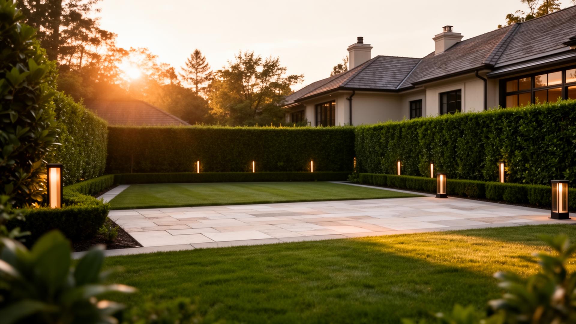 Luxury landscaped property at golden hour